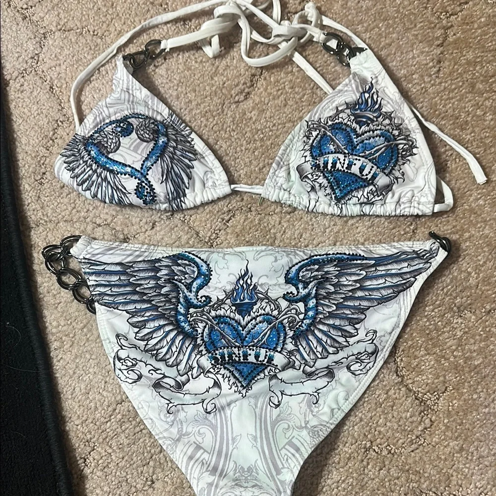 Sinful White and Blue Embroidered Bikini - Picture 2 of 4
